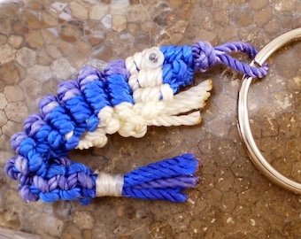 Small Knotted Shrimp Key Chain (Violet / Royal Blue / White), Macrame Shrimp Key Ring, Macrame Key Holder, Knot Shrimp Fob, Chinese Knot