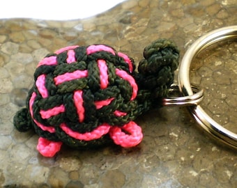 Turtle Keychain Keyring, Unique Gift for Her, Turtle Key Holder, Fob, Chinese Knot Turtle, Chinese Knot Key Holder (Black & Hot Pink)