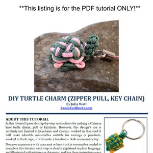 May include: A DIY tutorial for making a Chinese knot turtle charm, pull or keychain. The tutorial includes step-by-step instructions, pictures, and diagrams. The tutorial is available as a PDF download. The image shows a green and pink turtle charm, a green and yellow turtle charm, and a pair of red and black turtle earrings.