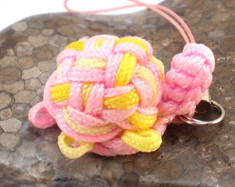 Turtle Charm, Turtle Zipper Pull, Chinese Knot Turtle, Macrame Turtle, Macrame Zipper Pull, Chinese Knot Charm (Light Pink & Yellow Mix)