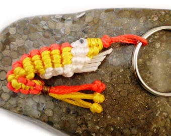 Large Macrame Shrimp Key Chain (Red / Gold / White), Knotted Shrimp Key Ring, Macrame Key Holder, Knot Shrimp Fob, Chinese Knot