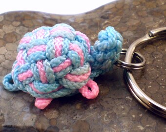 Turtle Keychain, Unusual Unique Gift for Women Her, Turtle Key Holder, Fob, Chinese Knot Turtle Key Holder (Ice Blue & Light Pink)