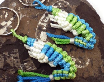 X-Large Knotted Shrimp Keychain (Blue / Green / White), Macrame Shrimp Keyring, Macrame Shrimp Key Holder, Knot Fob