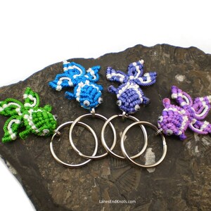 May include: Four colorful fish-shaped keychains with white accents. Each keychain is attached to a silver key ring. The keychains are arranged on a dark gray rock surface.