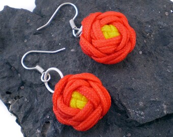 Rose Bud Earrings, Knotted Rose Earrings, Macrame Rose Bud Earrings, Turks Head Rose, Turkshead Knot Earring (Red & Yellow)