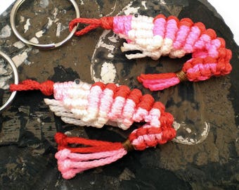 X-Large Macrame Shrimp Keychain (Red / Pink / White), Knotted Shrimp Keyring, Macrame Shrimp Key Holder, Knot Fob