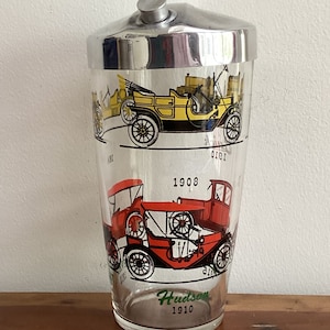 Vintage Glass Martini Cocktail Shaker-automobile /Car Graphics-Stainess Lid