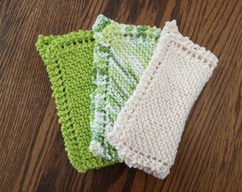 Hand Knit 100% Cotton Dishcloths-Green and Cream Palette -Set of 3-Eco-Friendly