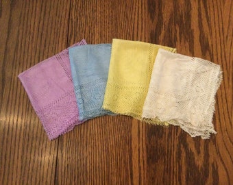 Vintage Ladies' Lace Handkerchiefs/Pocket Squares-Assorted Pastel Colors-Set of 4