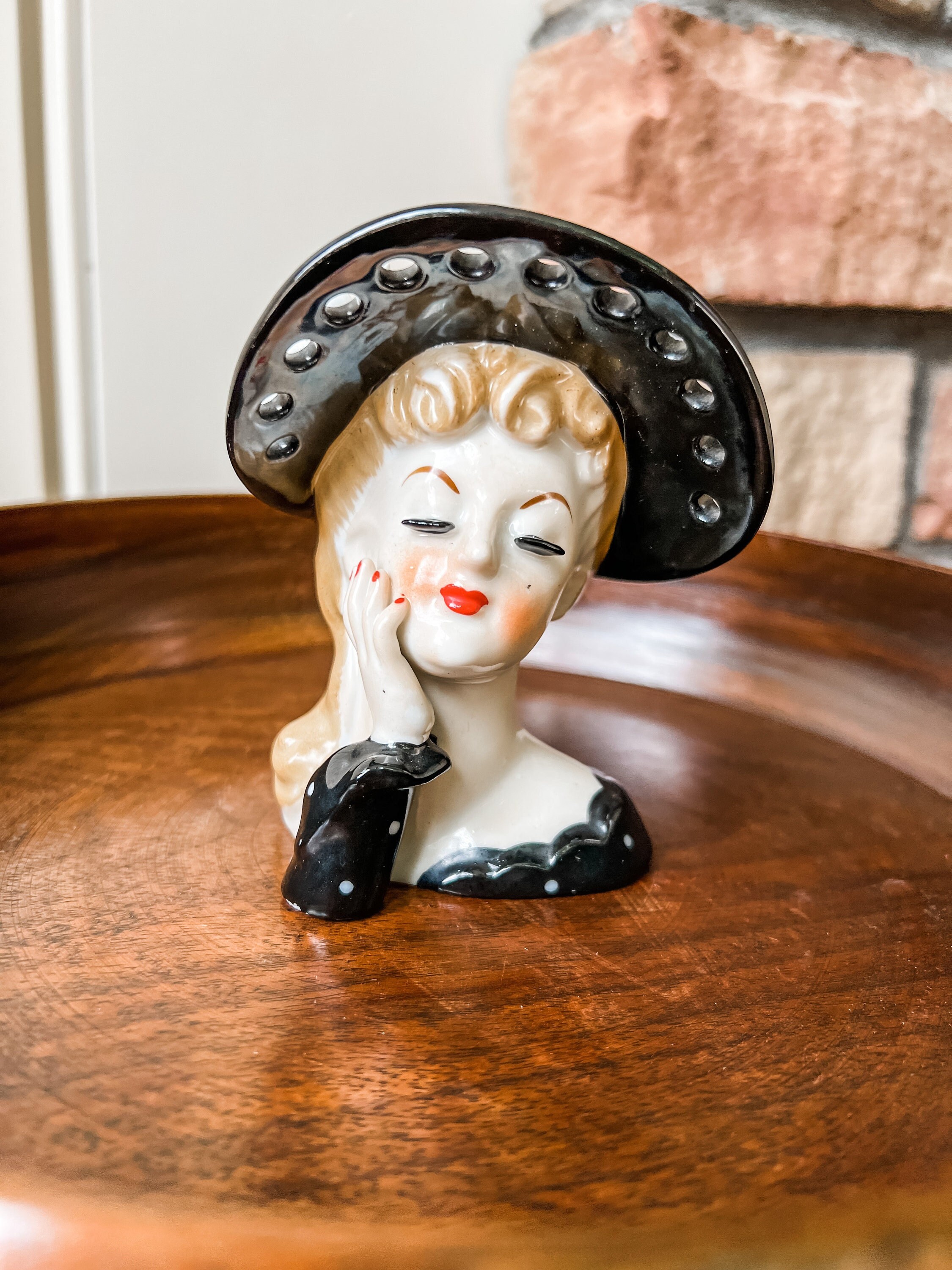 Small Vintage Porcelain Lady Head Vase Blonde Hair Black Etsy