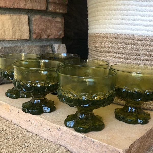 Set of 6 Tiffin Franciscan Madeira Olive Green Glass Custard/Ice Cream Mugs, UV Glow Light, Uranium Glass, Vintage Glass, 1940s 1950s glass