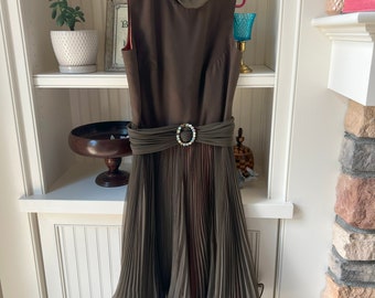 Vintage Brown and Orange Chiffon Dress, 1960s Style, Flouncy, Vintage Cocktail Dress