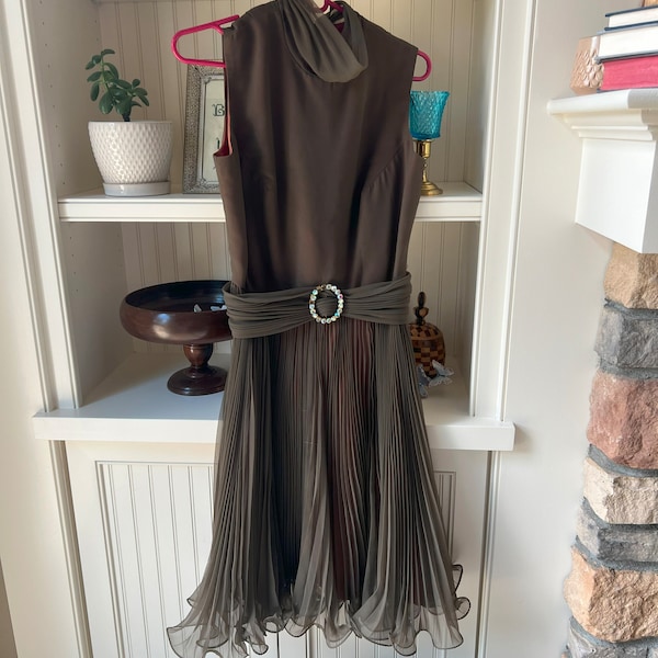 Vintage Brown and Orange Chiffon Dress, 1960s Style, Flouncy, Vintage Cocktail Dress