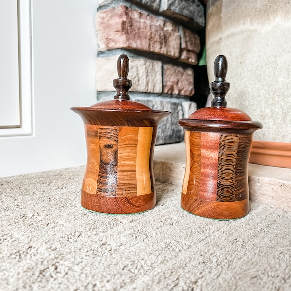 Two Hand Crafted Wooden Trinket Dishes with Finials, Solid Wood, Mixed Woods, Many different woods, Carved Wood, Vintage