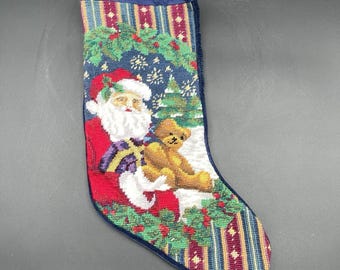 Vintage Nadelspitze Weihnachtsstrumpf Nikolaus Teddybär Samtrückseite 44 cm