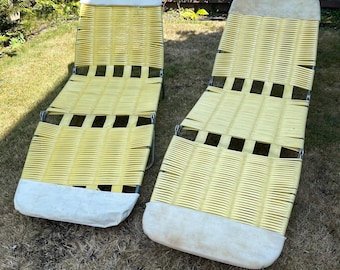 Vintage Jelly Tube Chaise Lounge Lawn Chairs Yellow Vinyl Folding Set of 2 Retro
