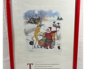 Lámina enmarcada vintage de Mary Lefeteal Russell "El hombre en la luna", arte infantil.