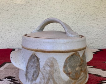 Textured Butterfly Motif Large Vintage Handmade Ceramic Casserole Dish With Lid Blue Tan
