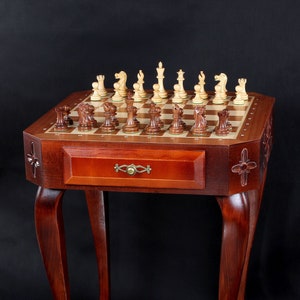 Chess Table Square table Delux item with mahogany intarsia-sycamore maple and hornbeam wood-Exclusive furniture-Personalization for free image 1