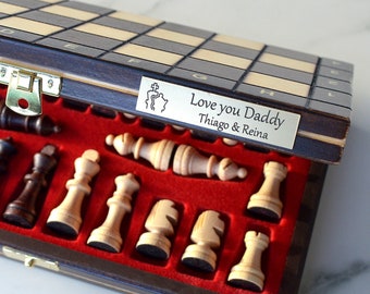 Travel Magnetic small Chess Set 11"/26cm: Handmade Wooden Board, Leather/Felt Cover