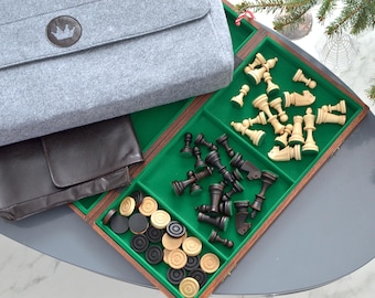 Heavy and prestigious Chess+checkers in intarsia style 50cm/ 20": , Leather/Felt Bag, personalization for FREE; Mega set of games,