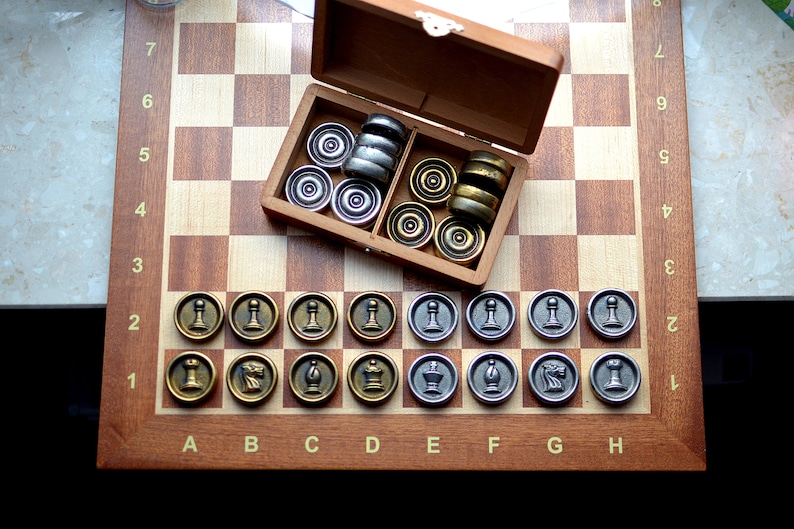 Mega SET: Heavy Metal ChessCheckers pieces in storage box and a Wooden Chessboard The most prestigous set Personalization for FREE image 8