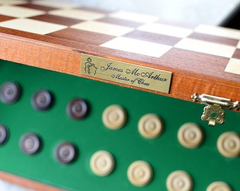 Personalisierte Holz Dame Dame Set: Großes Mahagoni Brett, handgemacht