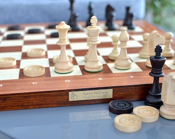 Big Chess+checkers in intarsia style 50cm/ 20": , Leather/Felt Bag, personalization for FREE