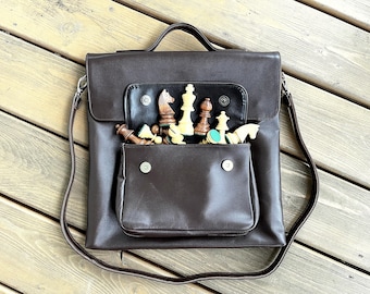 Handmade Leather Chess Set Bag: Electronic Chessnut & DGT Board Storage