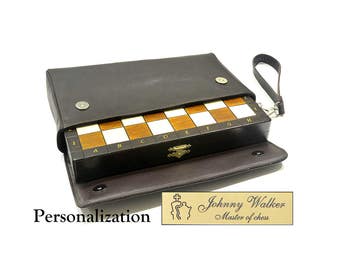 Personalized Magnetic Travel Chess Set 11" / 28cm: Handmade Wooden Board, Leather/Felt Cover