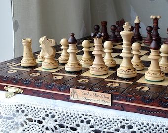 Legend Junior Custom Hand Carved Wooden Chess Set 16" / 40cm, Personalization for FREE, bags available