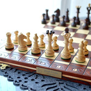 Personalized 16&quot;/41cm Ornamented Chess Set + Leather/Felt bag available- Medium Chess Set -Beautiful item - Personalization for FREE
