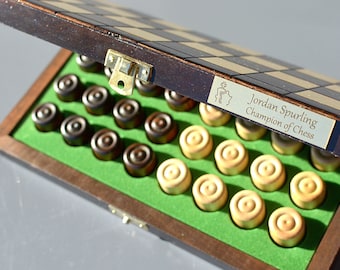 Personalized Wooden Checkers Set: Handmade Draughts, Felt/Leather Cover, 10"