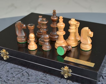 Black Storage Box with chess pieces: Staunton 3.5" Tournament Set, personalization for free