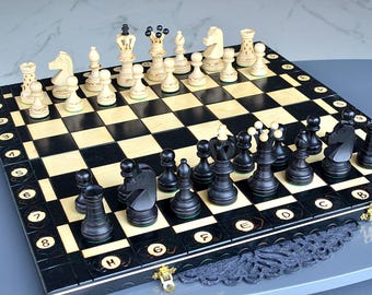 Legendary Black Giant Hand Carved Chess Set 54cm/ 21.3": Ornamented Wood, Leather/Felt Bag, personalization for free