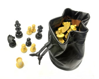 Chess + Leather pouch;  Chess Pieces&Leather Sack - Sewed by Hand Storage Sack - Carved pieces -Staunton nr.4,5 or 6;  3&quot;, 3 1/2&quot; or 4&quot;