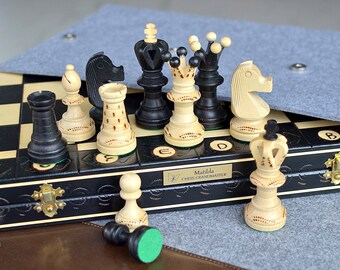 Legendary Black Giant Hand Carved Chess Set 54cm/ 21.3": Ornamented Wood, Leather/Felt Bag, personalization for free