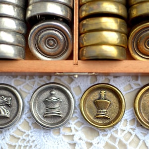 Heavy Metal Chess+Checkers pieces in storage box -  Most prestigious bilateral metal roudels - Personalization for FREE