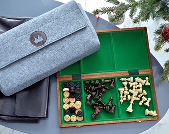 Medium Chess+checkers in intarsia style 40cm/ 15 3/4": , Leather/Felt Bag, personalization for FREE