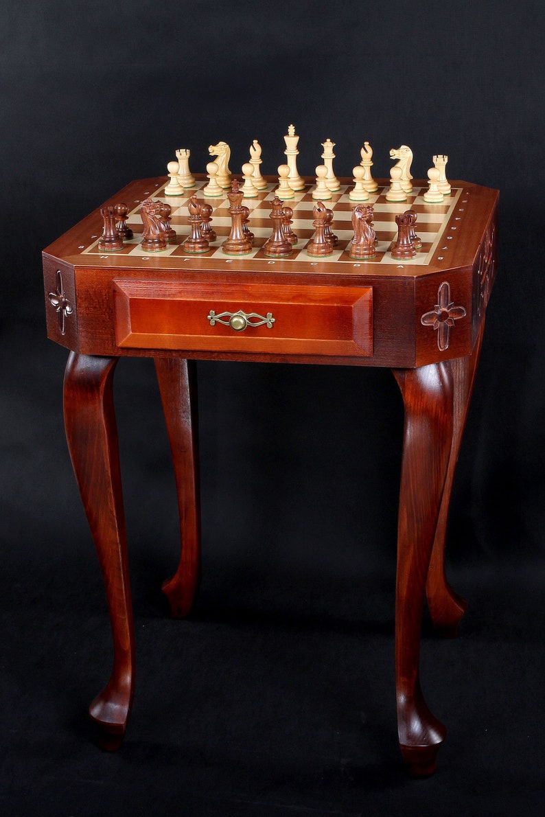 Chess Table Square table Delux item with mahogany intarsia-sycamore maple and hornbeam wood-Exclusive furniture-Personalization for free image 1