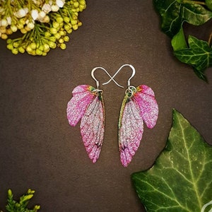 Small pink and green training wings. Handmade sparkle fairy wing earrings. Magical fantasy jewellery. Gift for an enchanted friend or sister