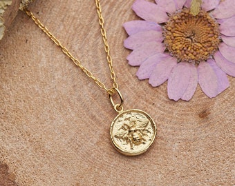 Bee gold coin necklace. 18k gold on solid 925 sterling silver charm. 24k gold vermeil chain.