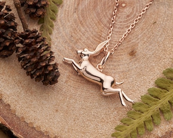 Rose gold running hare necklace. Rose gold plated solid sterling Silver