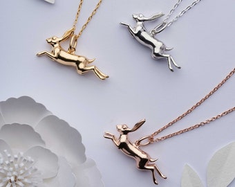 Running hare pendant necklace. Sterling silver, gold and rose gold.