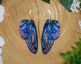 Blue fairy wing earrings. Iridescent faerie wings on sterling silver ear wires. Handmade magical jewellery gift for an enchanted best friend