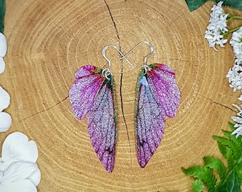 NEW Pink Sparkle Fairy Wing Earrings. Medium iridescent glitter sparkle faerie wings on sterling silver ear wires.