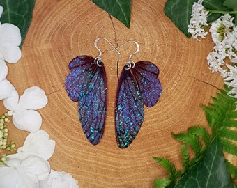 Medium Midnight Blue Fairy Wing Earrings. Iridescent faerie wings on sterling silver ear wires. Magical boho faery fae jewellery.