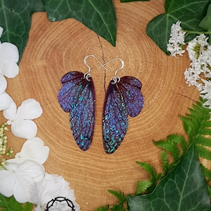 Medium Midnight Blue Fairy Wing Earrings. Iridescent faerie wings on sterling silver ear wires. Magical boho faery fae jewellery.