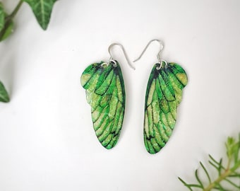 Leaf green fairy wing earrings. Handmade green iridescent fairy wings on a choice of ear wires.