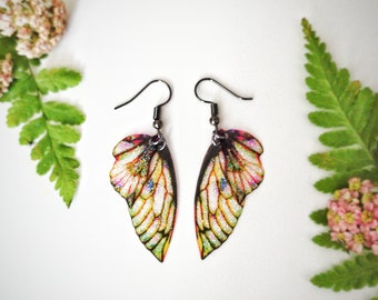 Green forest fairy petal glitter wing earrings. Handmade fairy wings on a choice of ear wires.